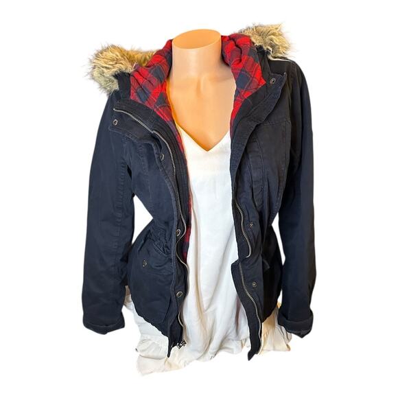 NOT AVAILABLE Womens Medium navy blue hooded parka-style jacket lined red plaid - Picture 4 of 10